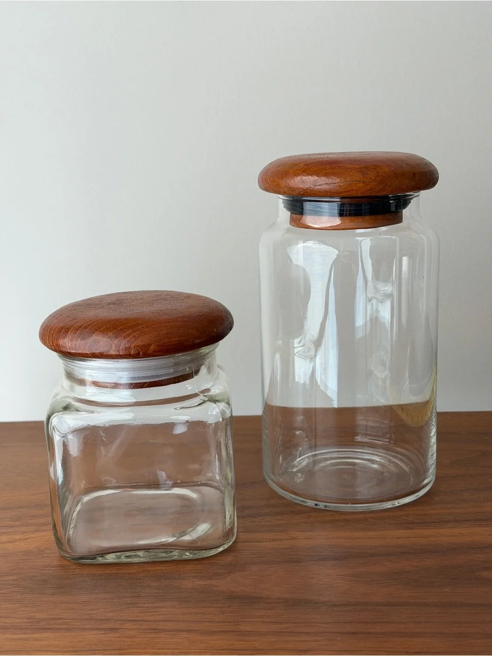 Teak Lidded Glass Jars Canister Set Round Square Danish Modern VTG 70s MCM 2pc